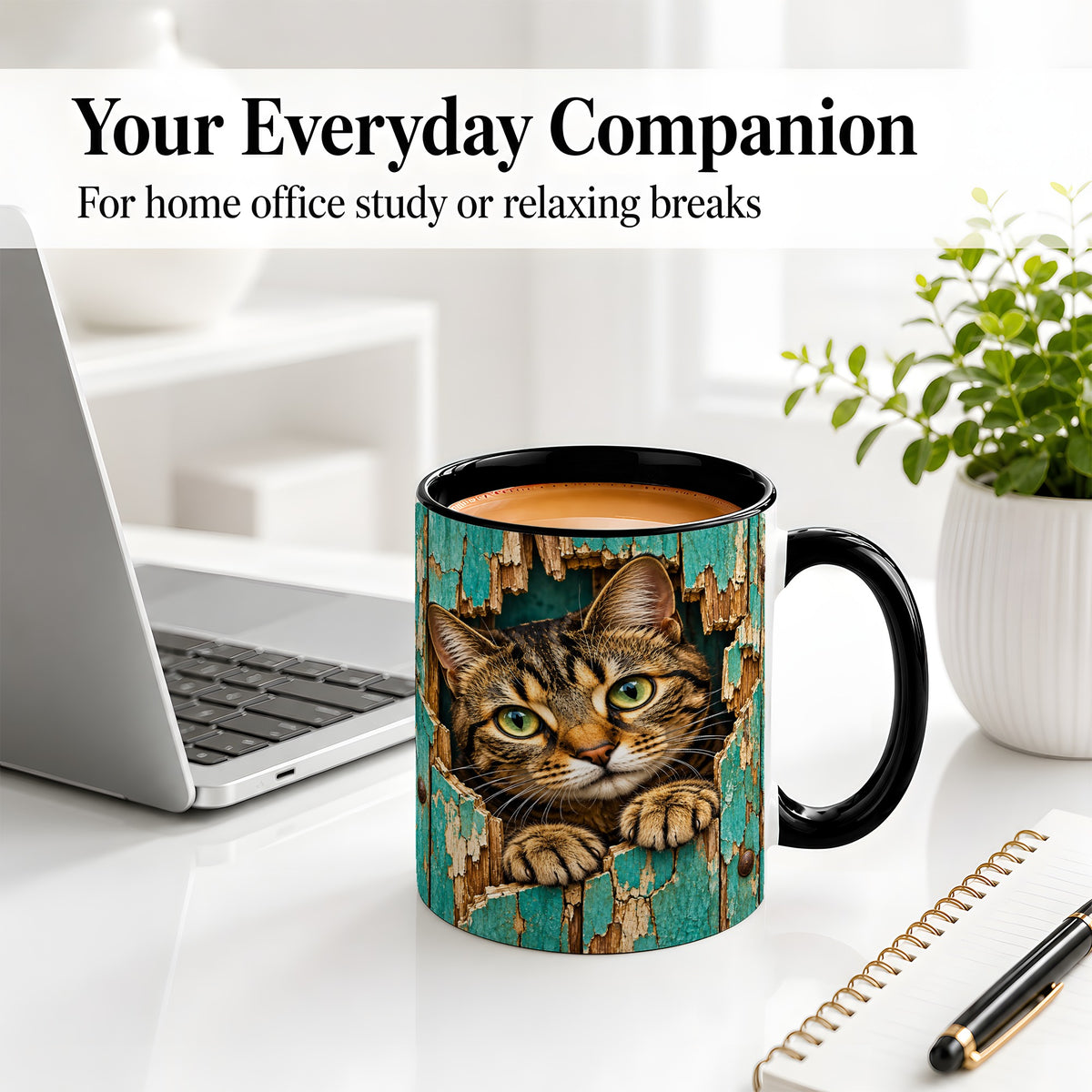 #pl[11oz|Black] Rustic Tabby Cat Accent Mug, Ceramic Drinkware for Cat Lovers