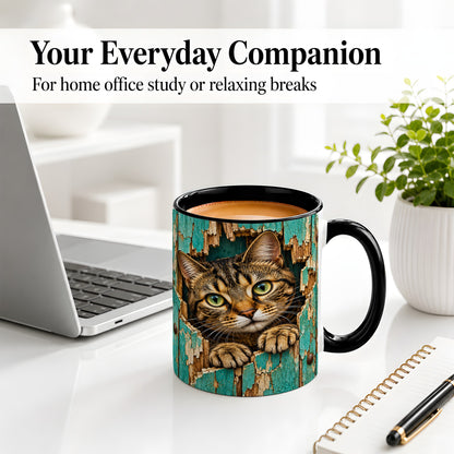 #pl[11oz|Black] Rustic Tabby Cat Accent Mug, Ceramic Drinkware for Cat Lovers