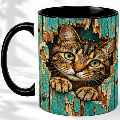 #pl[11oz|Black] Rustic Tabby Cat Accent Mug, Ceramic Drinkware for Cat Lovers