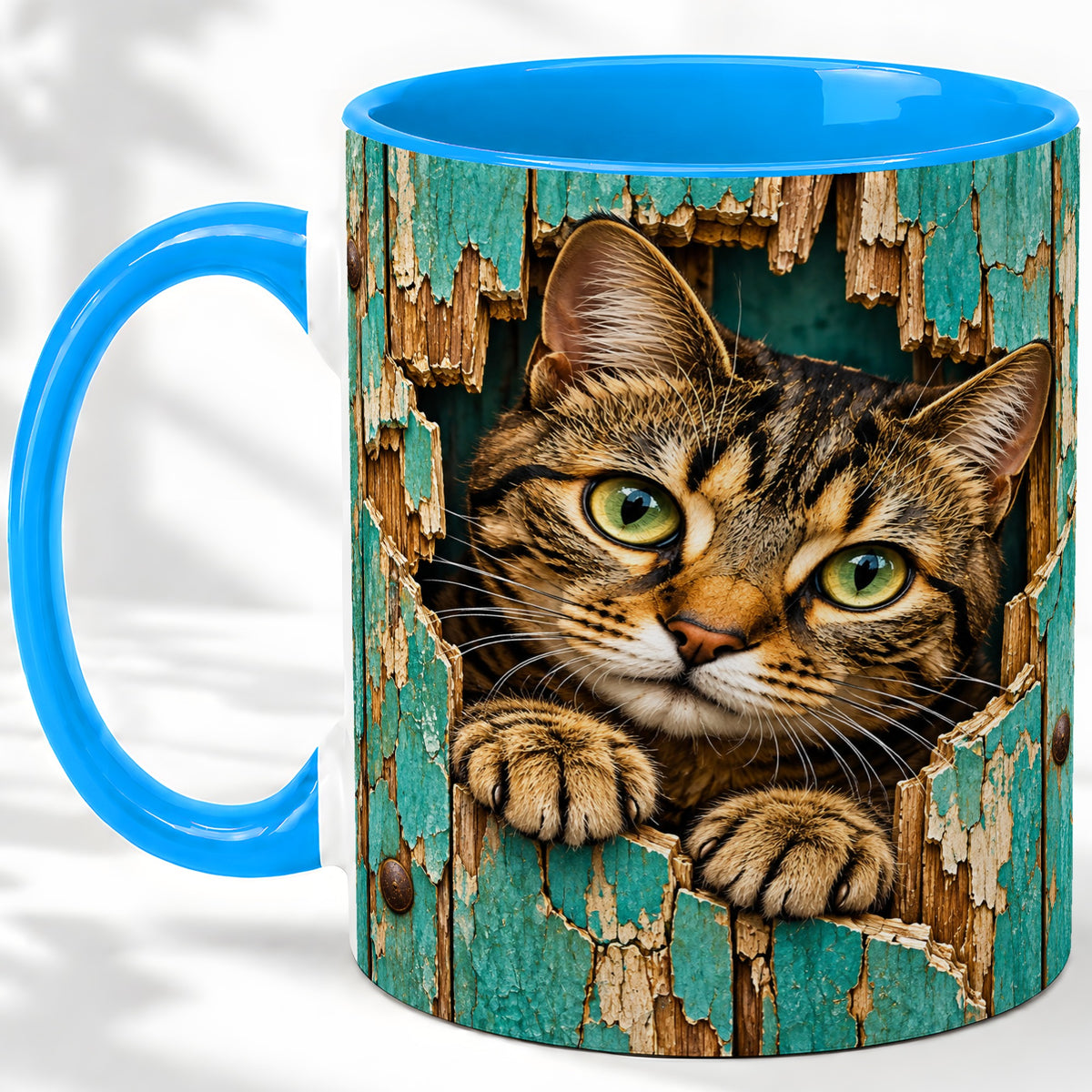 #pl[11oz|Blue] Rustic Tabby Cat Accent Mug, Ceramic Drinkware for Cat Lovers