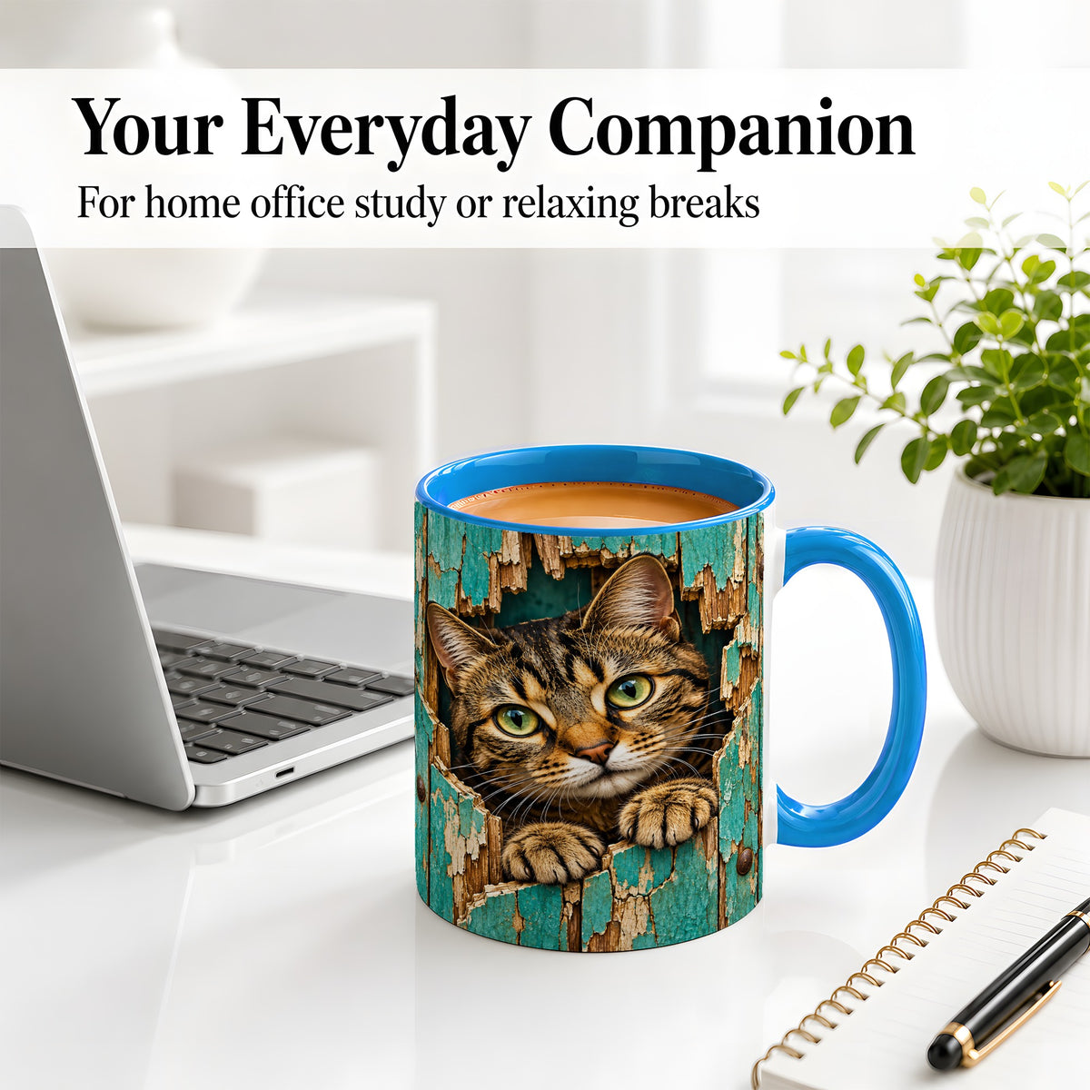 #pl[11oz|Blue] Rustic Tabby Cat Accent Mug, Ceramic Drinkware for Cat Lovers