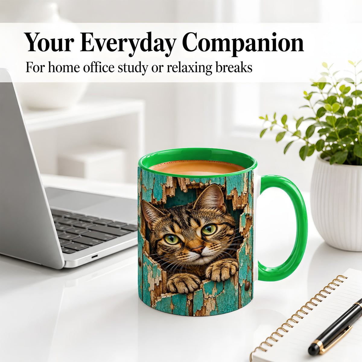 #pl[11oz|Green] Rustic Tabby Cat Accent Mug, Ceramic Drinkware for Cat Lovers