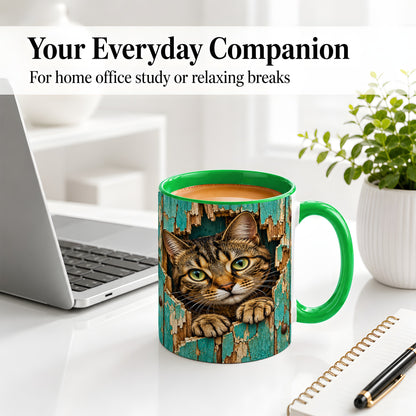 #pl[11oz|Green] Rustic Tabby Cat Accent Mug, Ceramic Drinkware for Cat Lovers