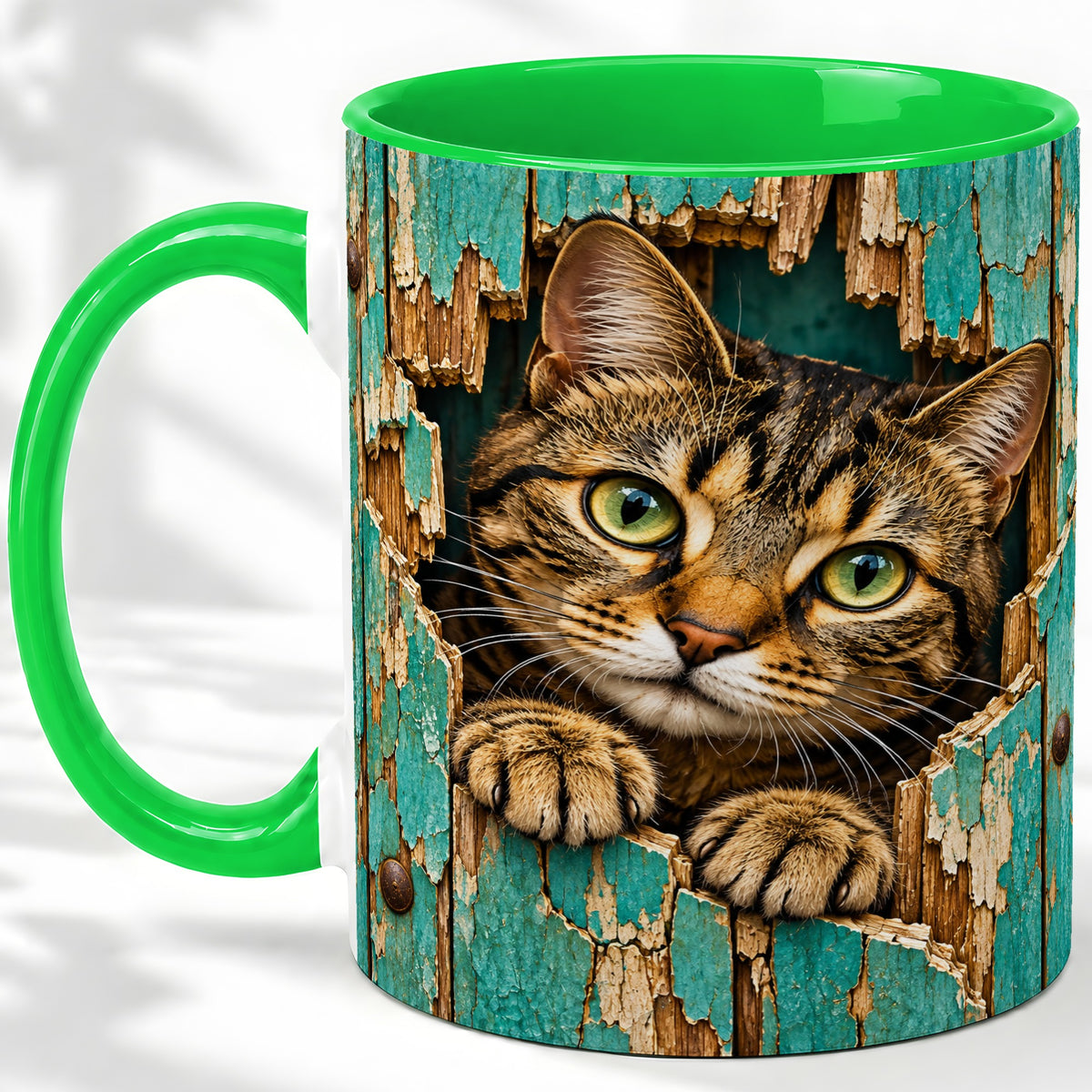 #pl[11oz|Green] Rustic Tabby Cat Accent Mug, Ceramic Drinkware for Cat Lovers