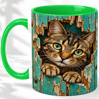 #pl[11oz|Green] Rustic Tabby Cat Accent Mug, Ceramic Drinkware for Cat Lovers