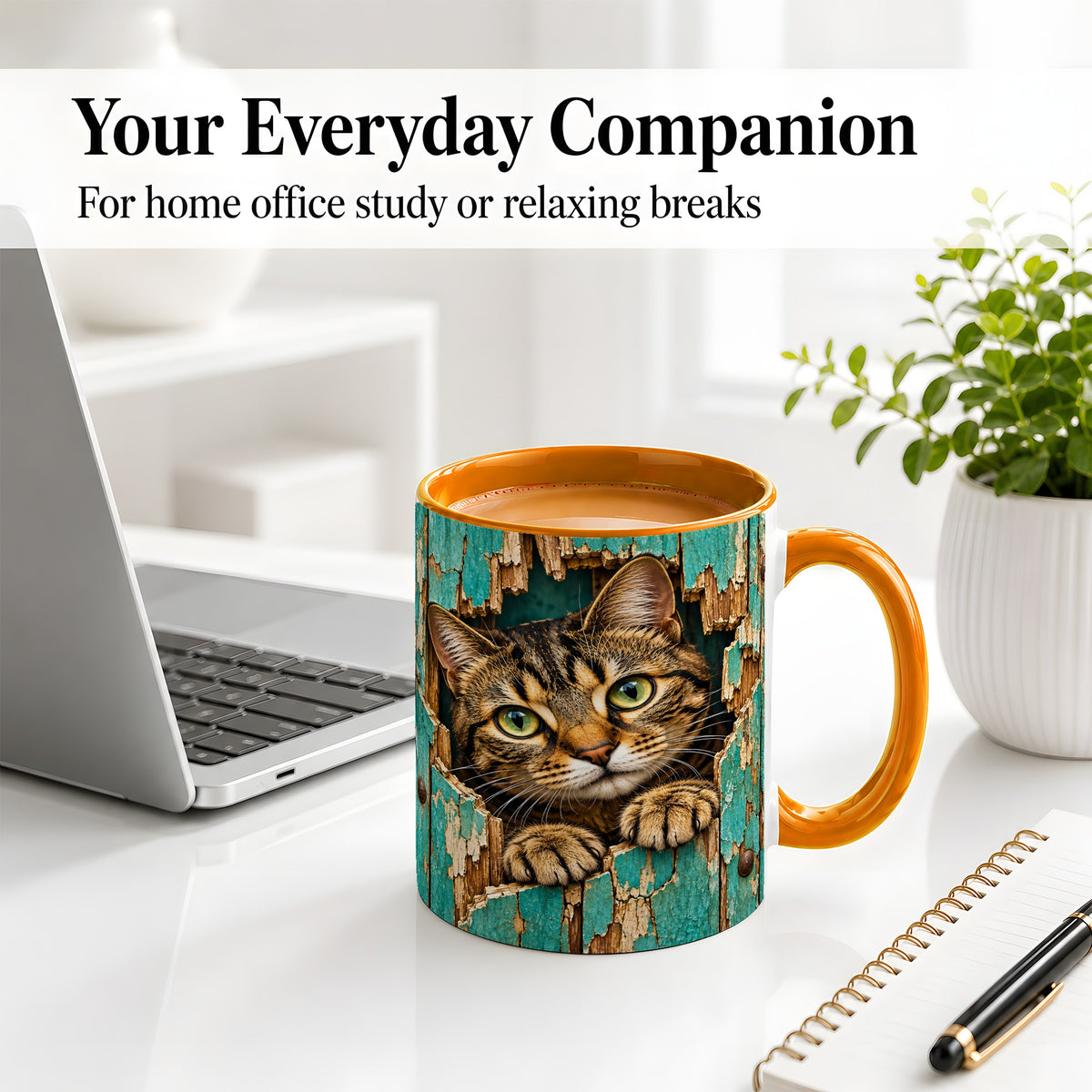 #pl[11oz|Orange] Rustic Tabby Cat Accent Mug, Ceramic Drinkware for Cat Lovers