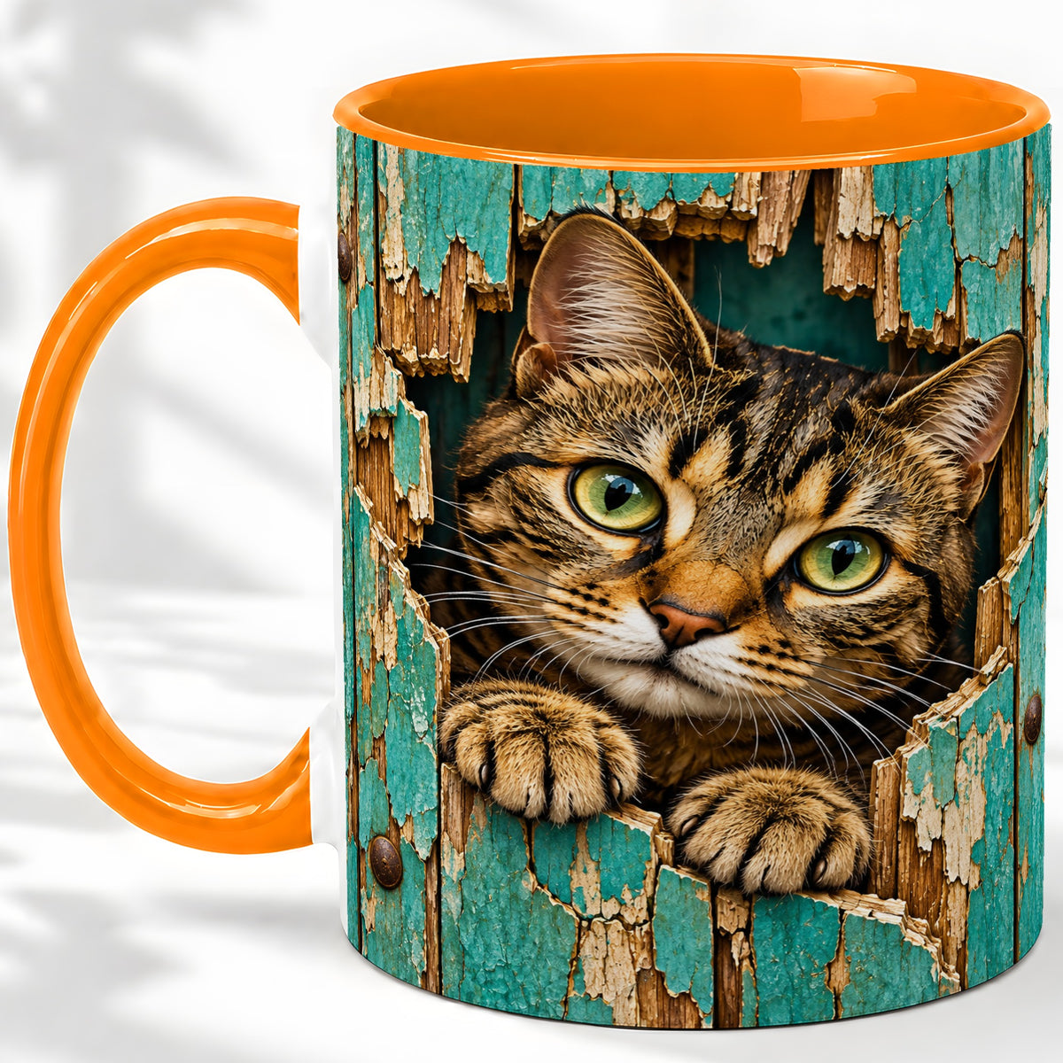 #pl[11oz|Orange] Rustic Tabby Cat Accent Mug, Ceramic Drinkware for Cat Lovers