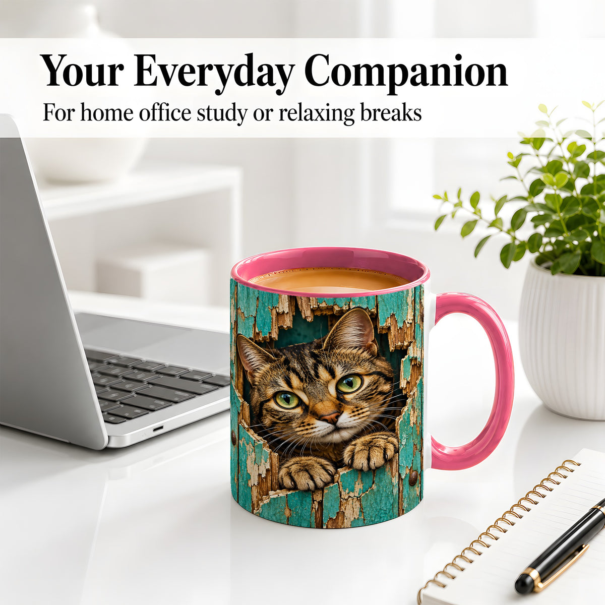 #pl[11oz|Pink] Rustic Tabby Cat Accent Mug, Ceramic Drinkware for Cat Lovers