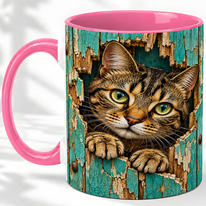 #pl[11oz|Pink] Rustic Tabby Cat Accent Mug, Ceramic Drinkware for Cat Lovers