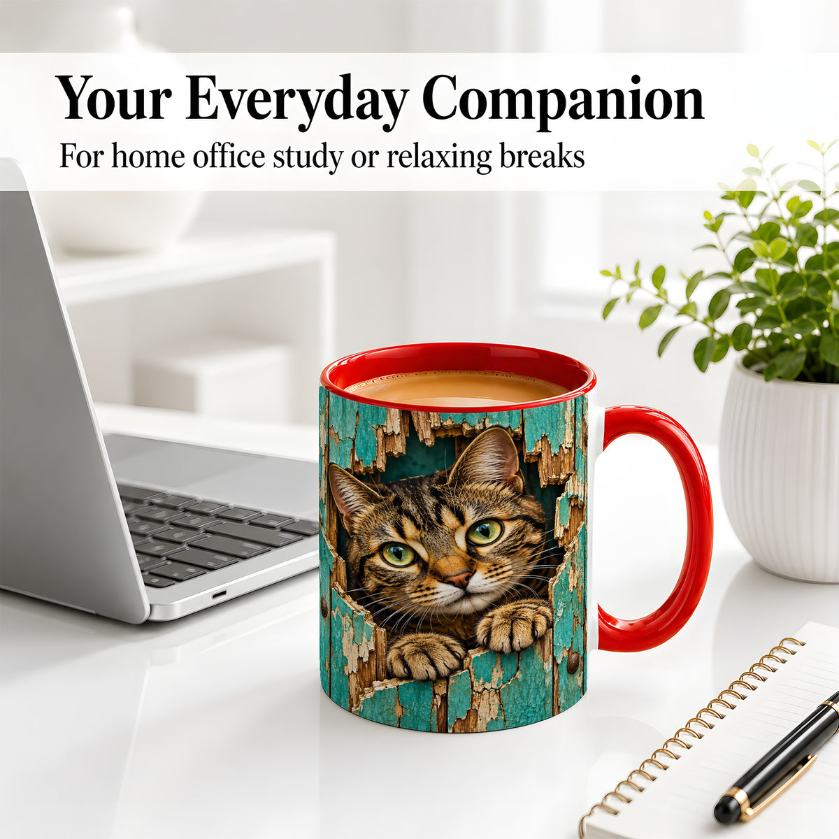 #pl[11oz|Red] Rustic Tabby Cat Accent Mug, Ceramic Drinkware for Cat Lovers