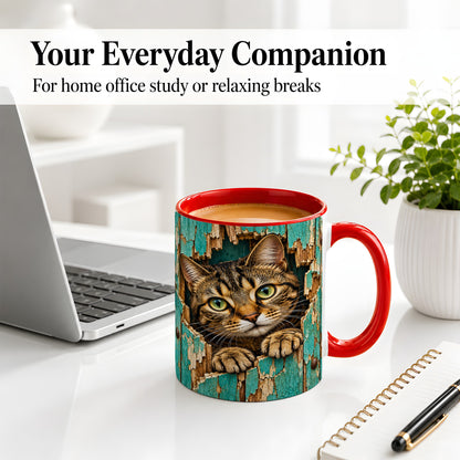 #pl[11oz|Red] Rustic Tabby Cat Accent Mug, Ceramic Drinkware for Cat Lovers