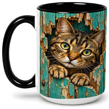 #pl[15oz|Black] Rustic Tabby Cat Accent Mug, Ceramic Drinkware for Cat Lovers
