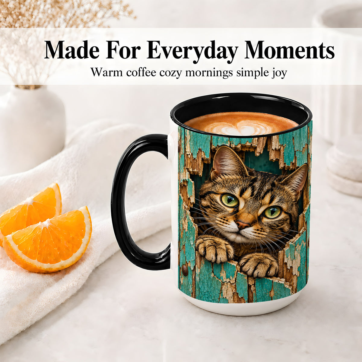 #pl[15oz|Black] Rustic Tabby Cat Accent Mug, Ceramic Drinkware for Cat Lovers