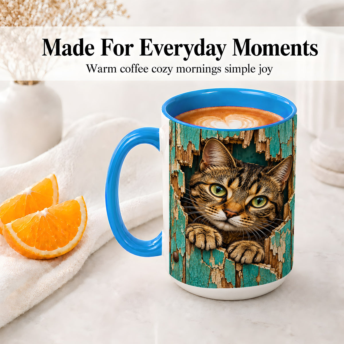 #pl[15oz|Blue] Rustic Tabby Cat Accent Mug, Ceramic Drinkware for Cat Lovers