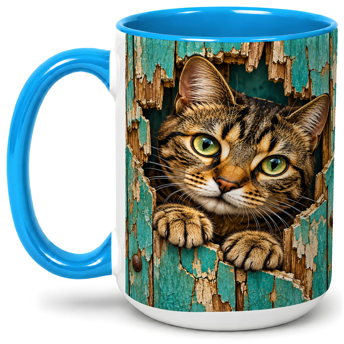 #pl[15oz|Blue] Rustic Tabby Cat Accent Mug, Ceramic Drinkware for Cat Lovers