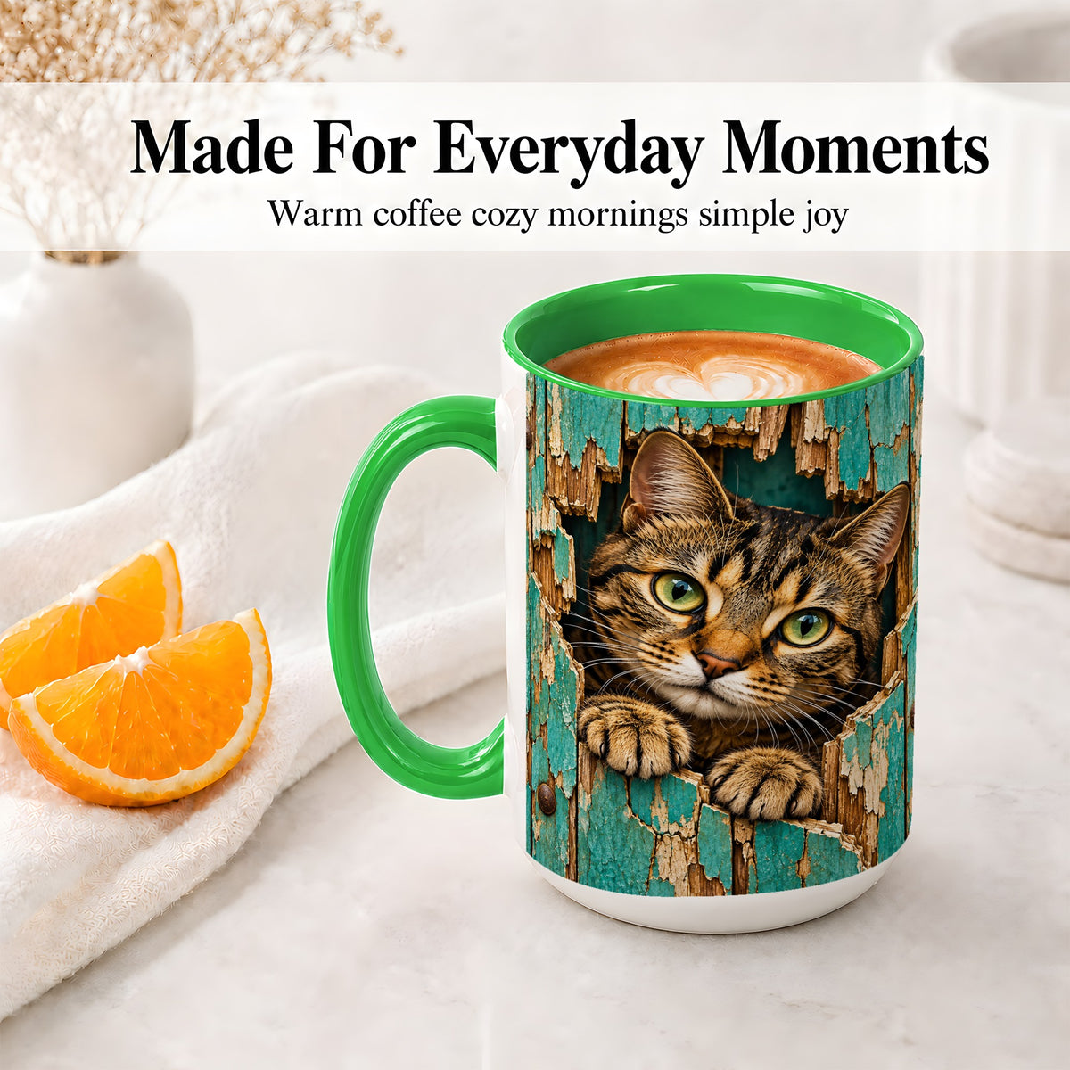#pl[15oz|Green] Rustic Tabby Cat Accent Mug, Ceramic Drinkware for Cat Lovers