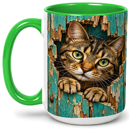 #pl[15oz|Green] Rustic Tabby Cat Accent Mug, Ceramic Drinkware for Cat Lovers