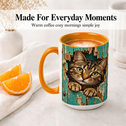 #pl[15oz|Orange] Rustic Tabby Cat Accent Mug, Ceramic Drinkware for Cat Lovers