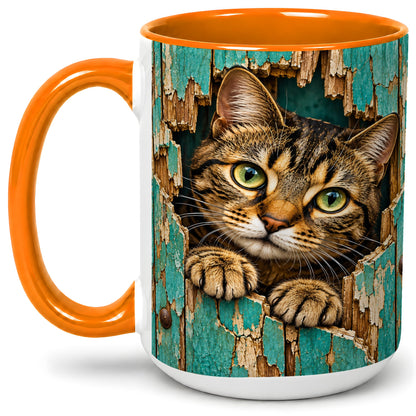 #pl[15oz|Orange] Rustic Tabby Cat Accent Mug, Ceramic Drinkware for Cat Lovers