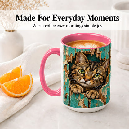 #pl[15oz|Pink] Rustic Tabby Cat Accent Mug, Ceramic Drinkware for Cat Lovers