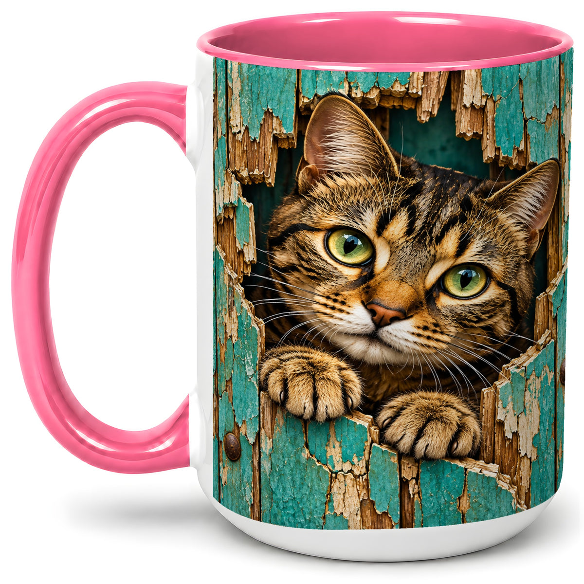 #pl[15oz|Pink] Rustic Tabby Cat Accent Mug, Ceramic Drinkware for Cat Lovers