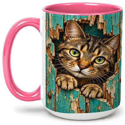 #pl[15oz|Pink] Rustic Tabby Cat Accent Mug, Ceramic Drinkware for Cat Lovers