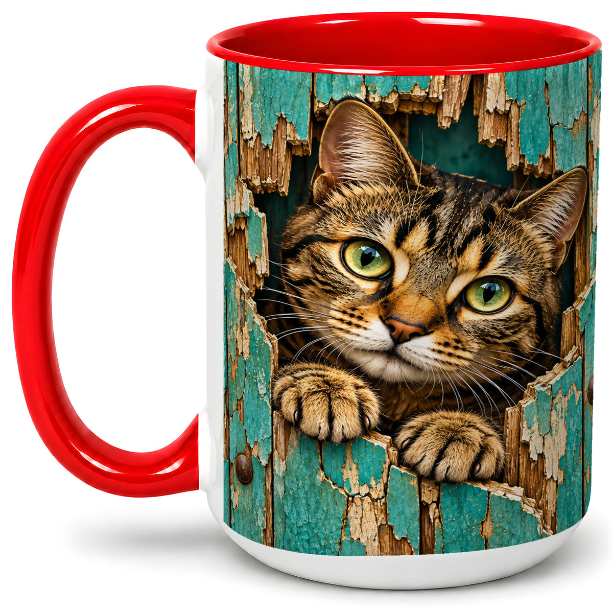 #pl[15oz|Red] Rustic Tabby Cat Accent Mug, Ceramic Drinkware for Cat Lovers