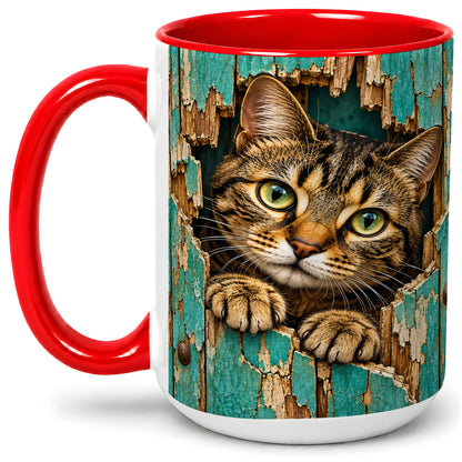 #pl[15oz|Red] Rustic Tabby Cat Accent Mug, Ceramic Drinkware for Cat Lovers