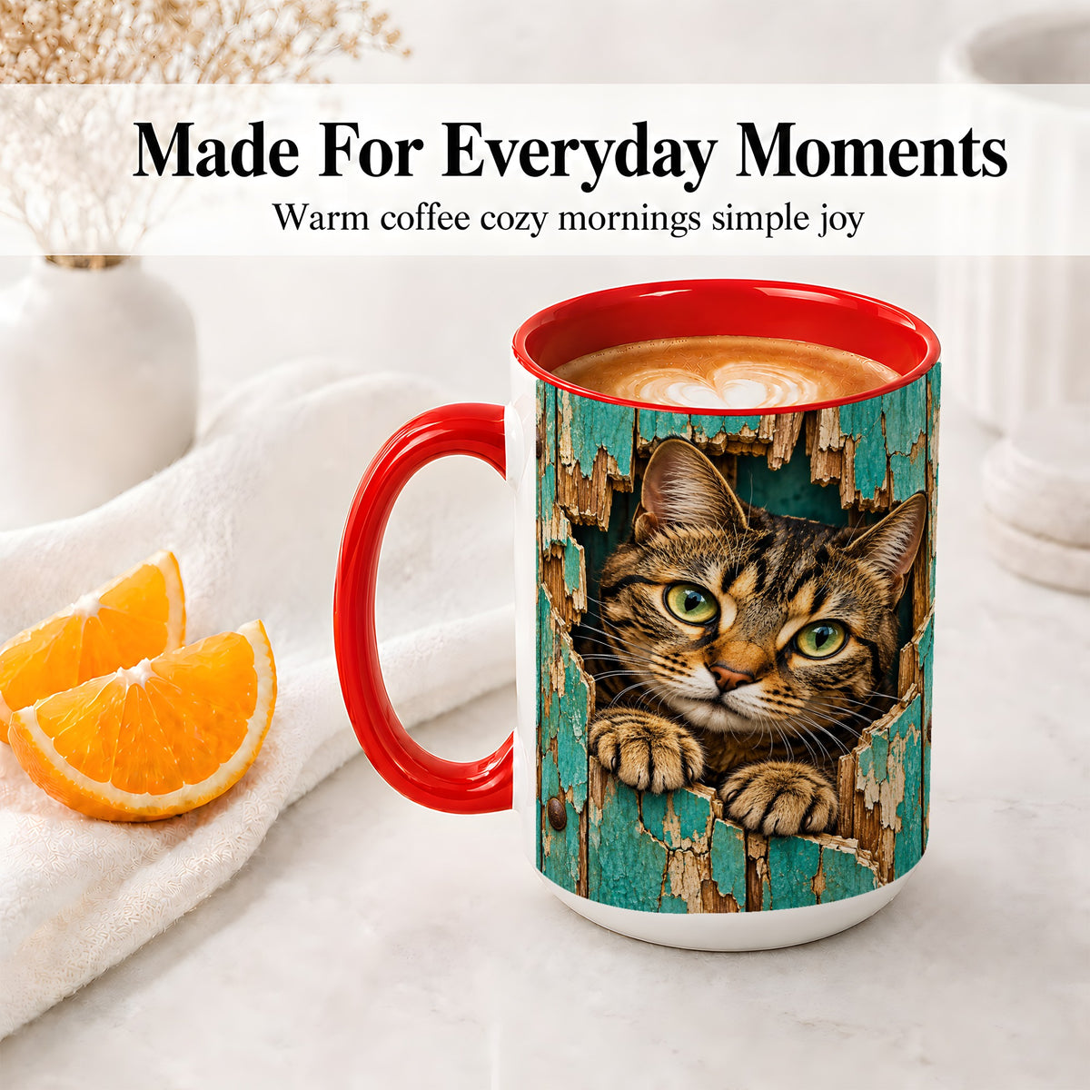 #pl[15oz|Red] Rustic Tabby Cat Accent Mug, Ceramic Drinkware for Cat Lovers