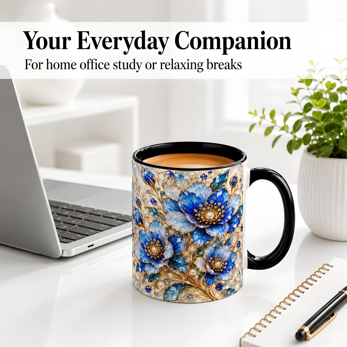 #pl[11oz|Black] Blue Floral Art Accent Mug, Ceramic Drinkware for Flower Lovers