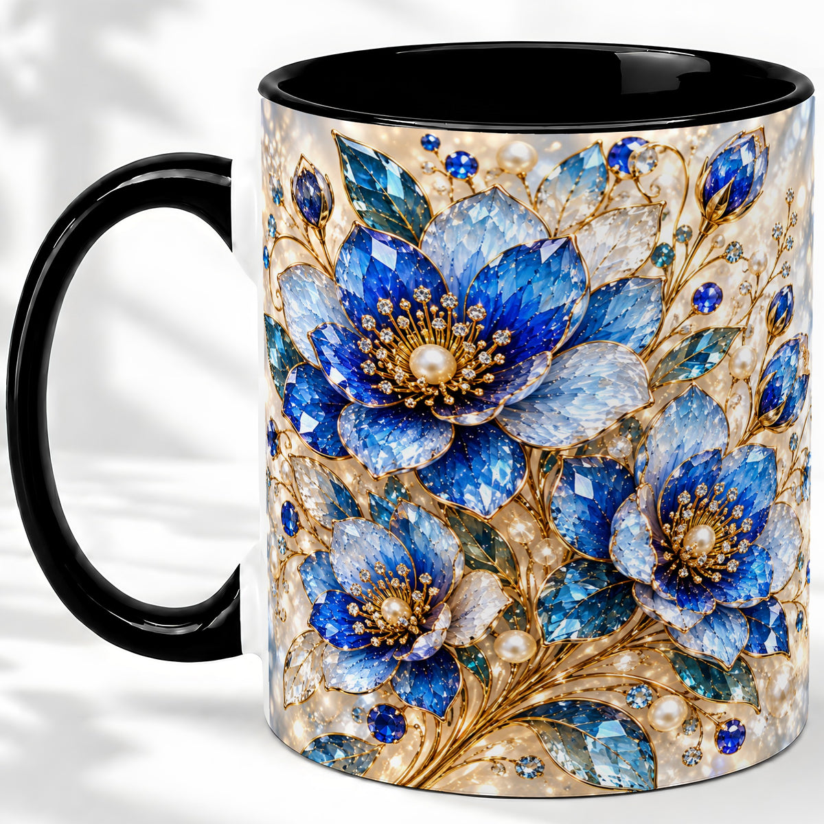 #pl[11oz|Black] Blue Floral Art Accent Mug, Ceramic Drinkware for Flower Lovers