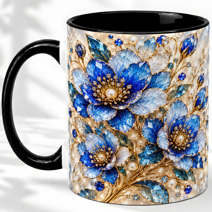 #pl[11oz|Black] Blue Floral Art Accent Mug, Ceramic Drinkware for Flower Lovers