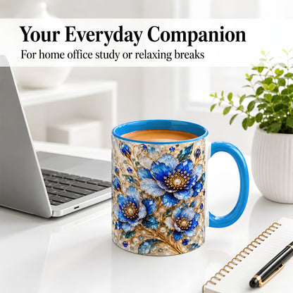 #pl[11oz|Blue] Blue Floral Art Accent Mug, Ceramic Drinkware for Flower Lovers