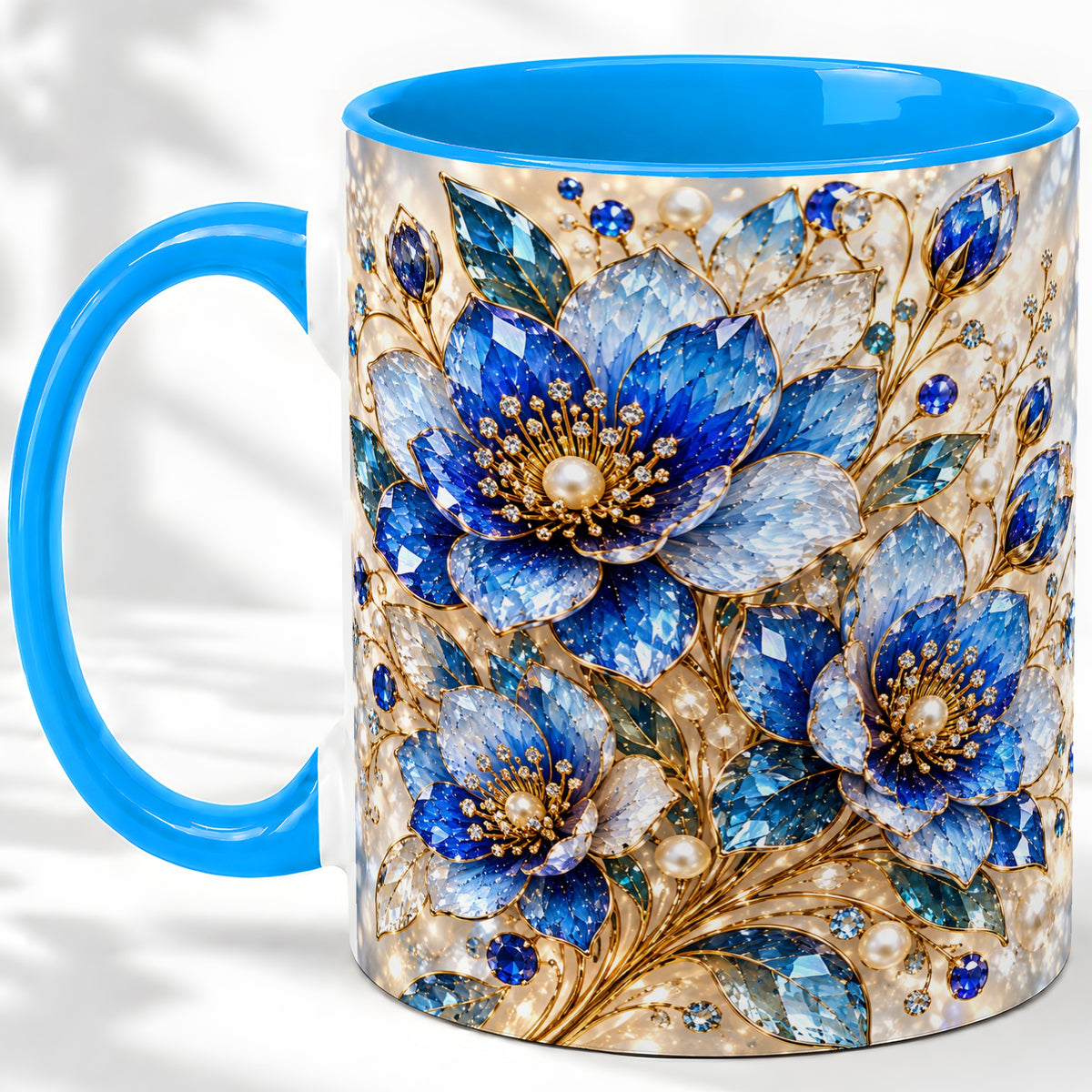 #pl[11oz|Blue] Blue Floral Art Accent Mug, Ceramic Drinkware for Flower Lovers