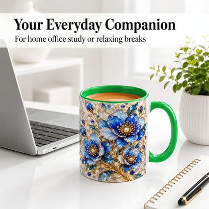 #pl[11oz|Green] Blue Floral Art Accent Mug, Ceramic Drinkware for Flower Lovers