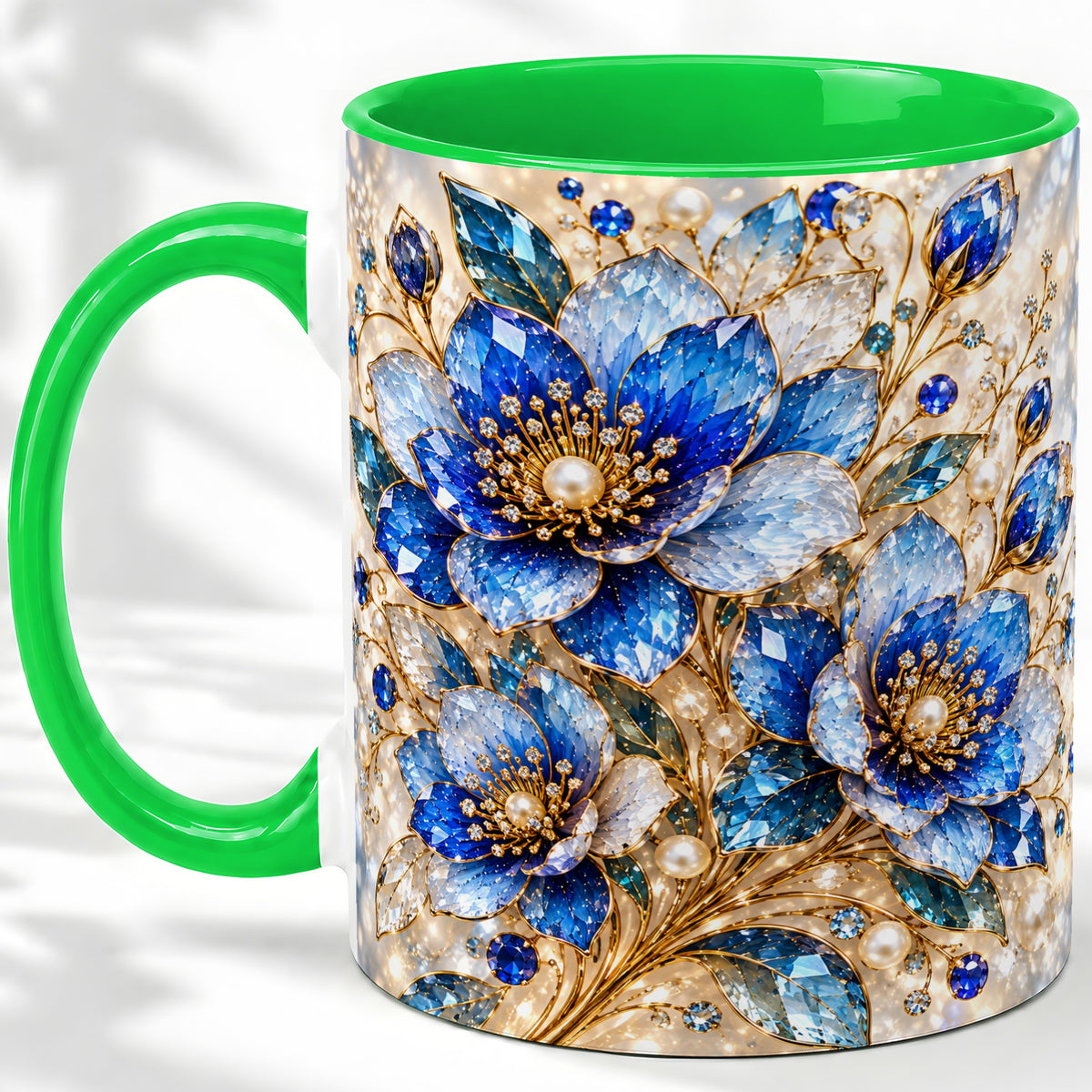 #pl[11oz|Green] Blue Floral Art Accent Mug, Ceramic Drinkware for Flower Lovers