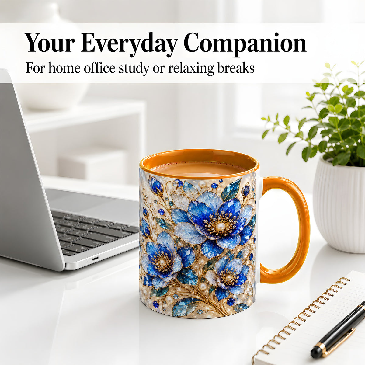 #pl[11oz|Orange] Blue Floral Art Accent Mug, Ceramic Drinkware for Flower Lovers