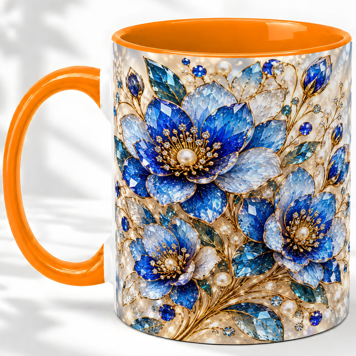 #pl[11oz|Orange] Blue Floral Art Accent Mug, Ceramic Drinkware for Flower Lovers