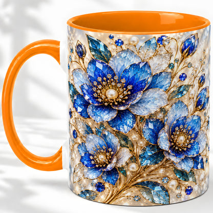 #pl[11oz|Orange] Blue Floral Art Accent Mug, Ceramic Drinkware for Flower Lovers
