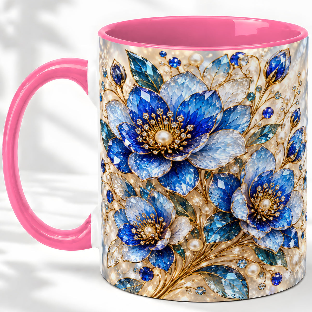 #pl[11oz|Pink] Blue Floral Art Accent Mug, Ceramic Drinkware for Flower Lovers