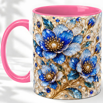 #pl[11oz|Pink] Blue Floral Art Accent Mug, Ceramic Drinkware for Flower Lovers