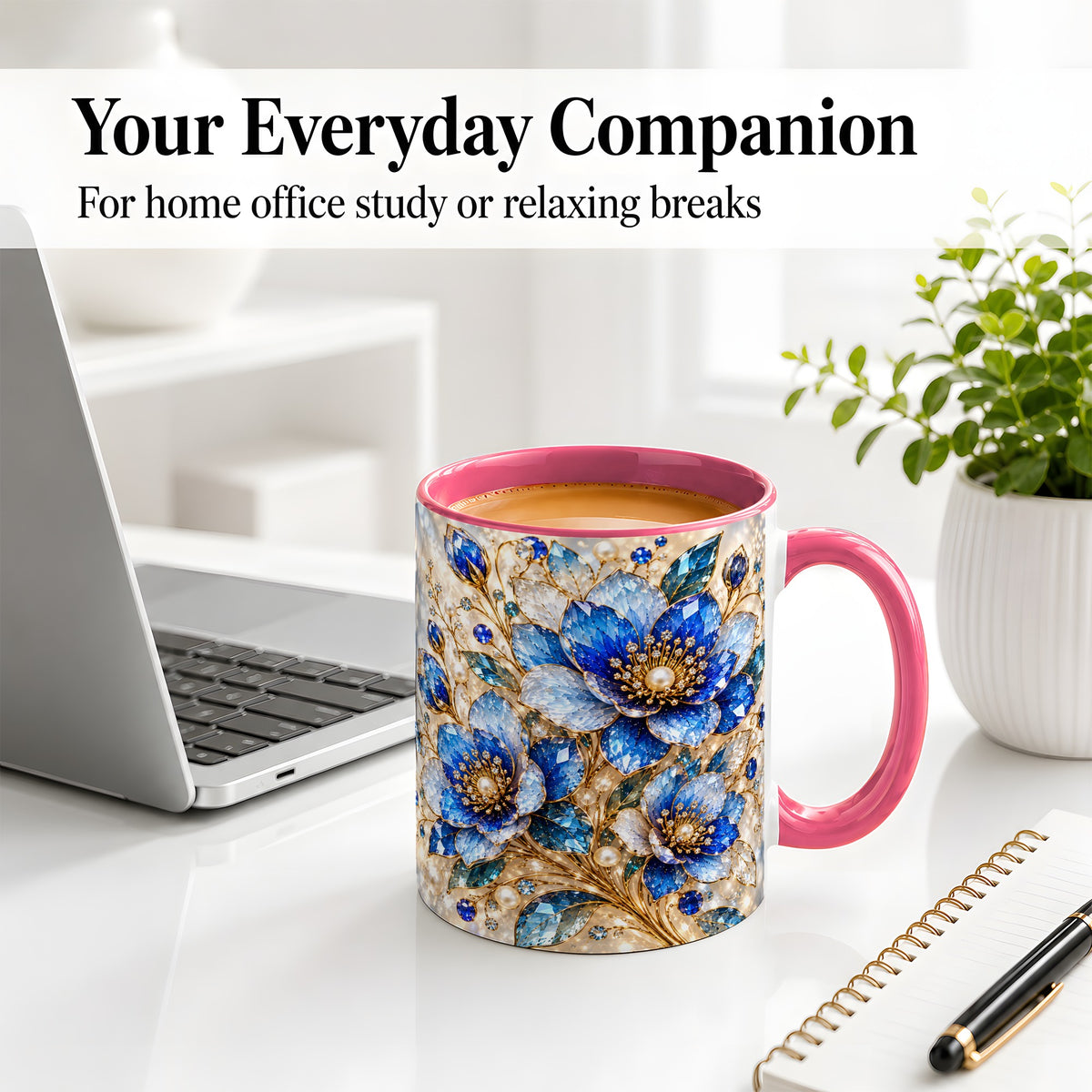 #pl[11oz|Pink] Blue Floral Art Accent Mug, Ceramic Drinkware for Flower Lovers