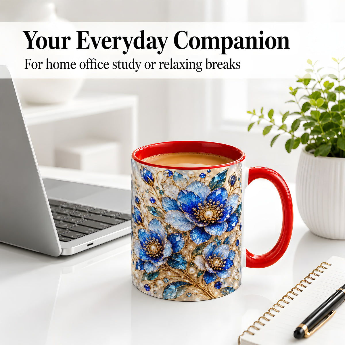 #pl[11oz|Red] Blue Floral Art Accent Mug, Ceramic Drinkware for Flower Lovers
