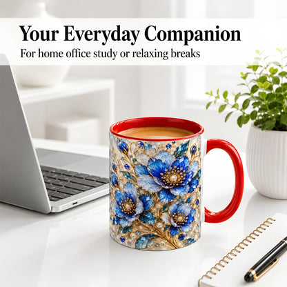 #pl[11oz|Red] Blue Floral Art Accent Mug, Ceramic Drinkware for Flower Lovers