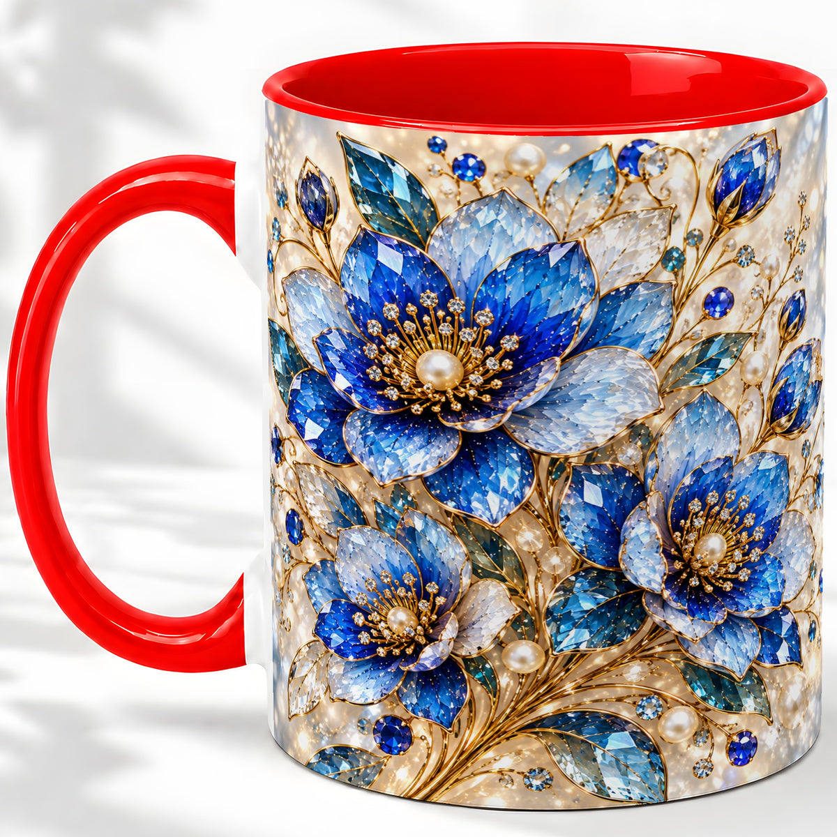 Blue Floral Art Accent Mug, Ceramic Drinkware for Flower Lovers