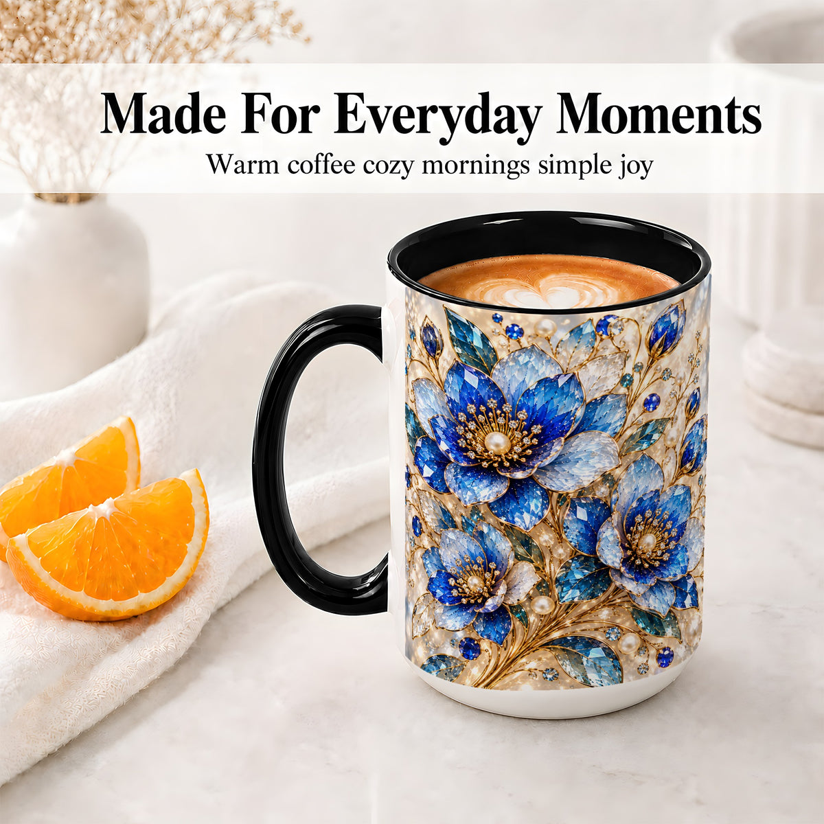 #pl[15oz|Black] Blue Floral Art Accent Mug, Ceramic Drinkware for Flower Lovers