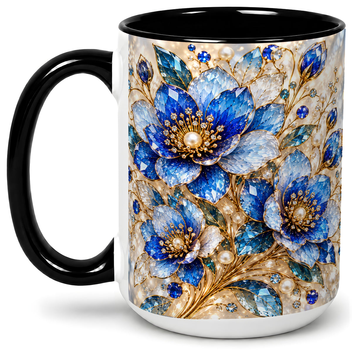 #pl[15oz|Black] Blue Floral Art Accent Mug, Ceramic Drinkware for Flower Lovers