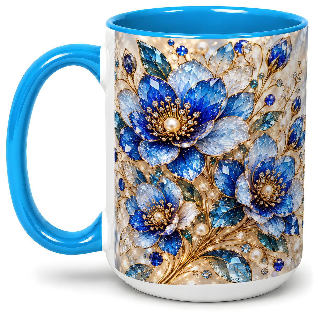 #pl[15oz|Blue] Blue Floral Art Accent Mug, Ceramic Drinkware for Flower Lovers