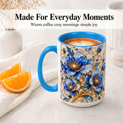 #pl[15oz|Blue] Blue Floral Art Accent Mug, Ceramic Drinkware for Flower Lovers