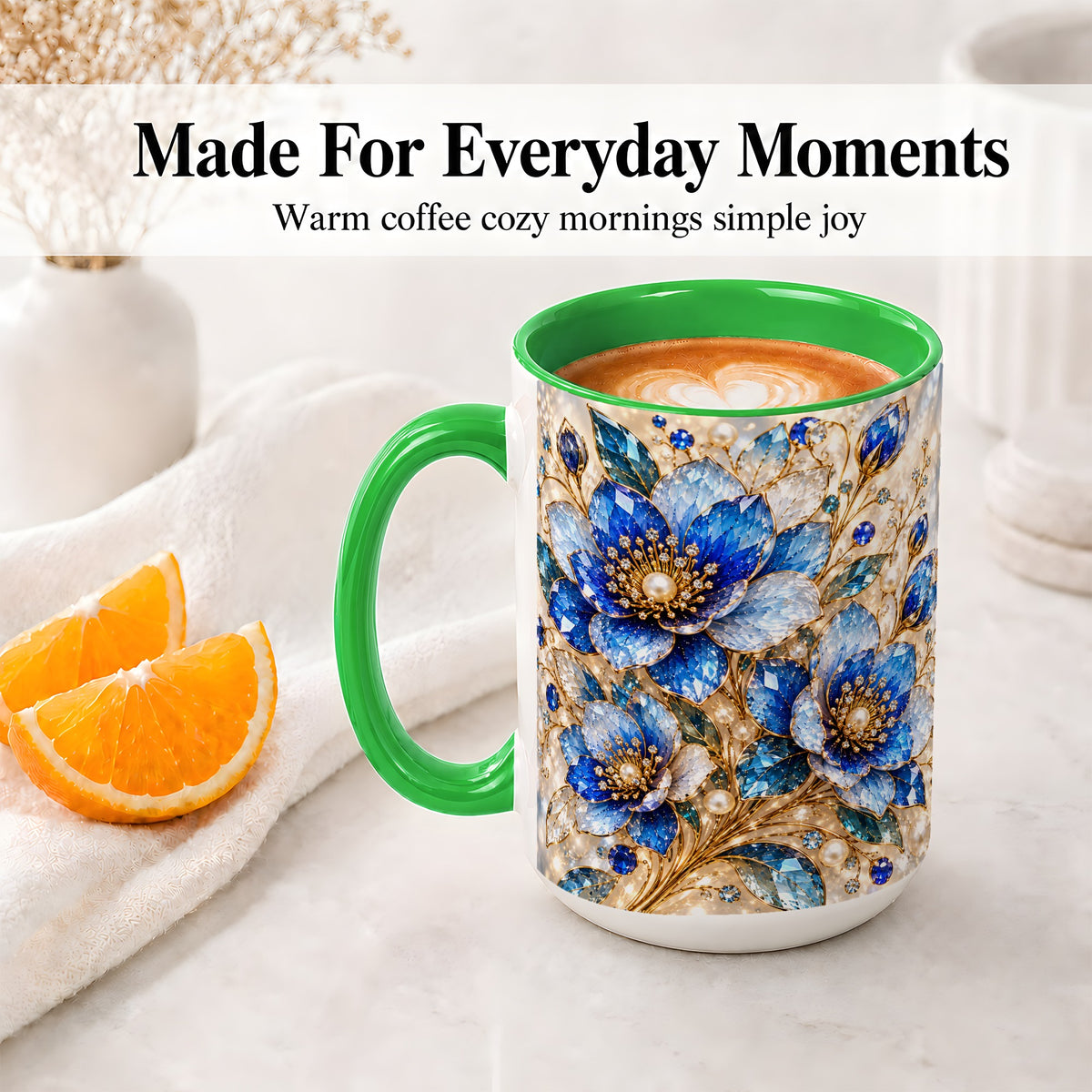 #pl[15oz|Green] Blue Floral Art Accent Mug, Ceramic Drinkware for Flower Lovers